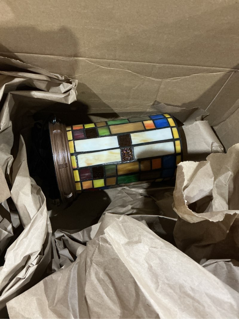 Condition photo showing As Is for tiffany style stained glass bohemian block table lamp living room bedroom bedside flower vase decor small night light mini cute kids accent cottage aesthetic nightstand cylinder desk lamp