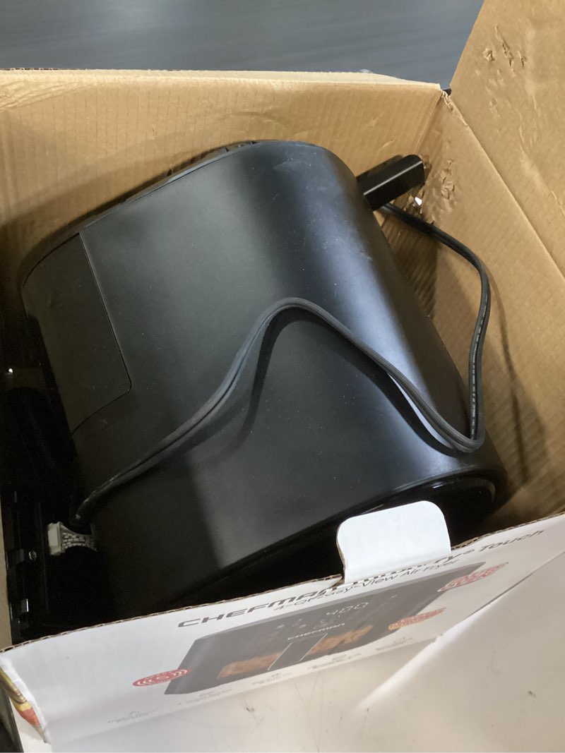 Condition photo showing As Is for chefman air fryer – 4 qt compact airfryer for quick & easy meals, features hi-fry technology for extra crisp, easy-view window, touch controls with 4 presets, nonstick & dishwasher safe basket - black