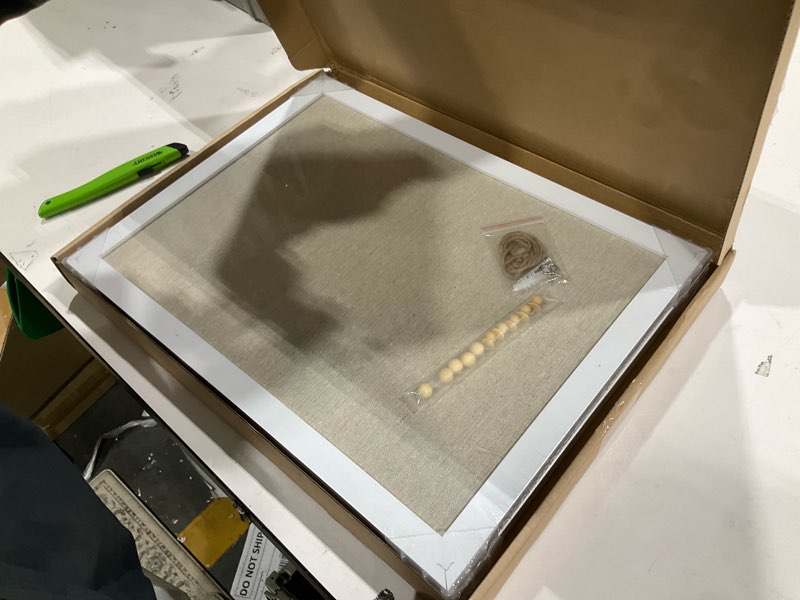 Condition photo showing Good Condition for 2-Pack Double-Sided Cork Board with Linen, 16\" x 12\" Hanging Wood Framed Bulletin Board, Picture Display Vision Board Kit Corkboards for Wall School Office Decor, 20 Pushpins (Vintage White) Beige - 2pcs 16\"x12\"