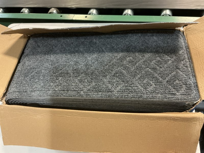 Condition photo showing New/Like New for stair treads for wooden steps indoor, 15 pack 8" x 30" non slip carpet stair treads with reusable adhesive for kids elders and dogs, surface polyester tpr backing stair rugs 8*30inch dark grey-n 15