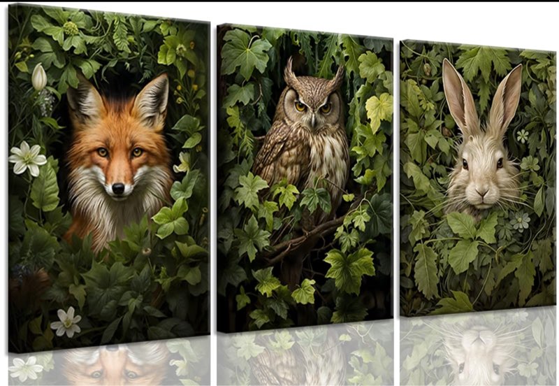 3pcs Framed Magical Forest Animal Canvas Wall Art Retro Wild Animals Posters Prints green Adventure Theme Cottagecore Paintings Lovely Fox Owl Rabbit Wall Decor for Living R 24x36 Inch 36\" H x 72\" 
