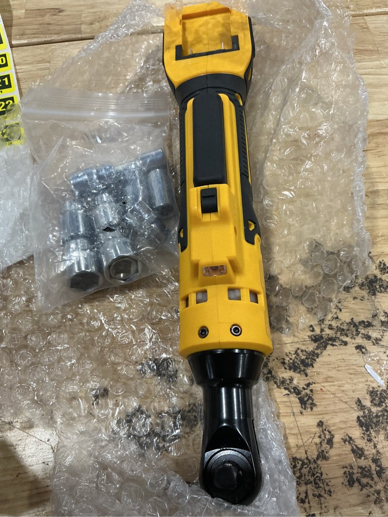 Condition photo showing As Is for half inch cordless ratchet wrench with a beast brushless motor, 100 nm high torque, 0-400 rpm variable speed, compatible with 20v max batteries, includes 7 sockets, half to three eighths inch adapter, and 3 inch extension bar for auto repairs