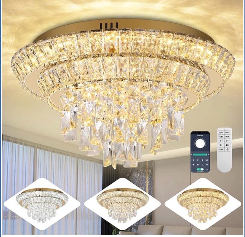 24 inch crystal gold ceiling-light flush mount with remote control and app, 3cct dimmable & brightness adjustable, modern crystal raindrop chandeliers for bedroom hallway dinning room living room