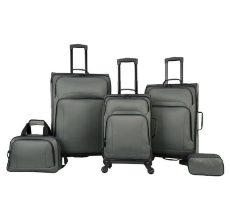 Protege 5 Piece Spinner Luggage Set  Includes 28 in Checked  24 in Checked Bags  20 in Carry-on  15 in Boarding Tote and Matching Utility Bag  All Ages  Grey