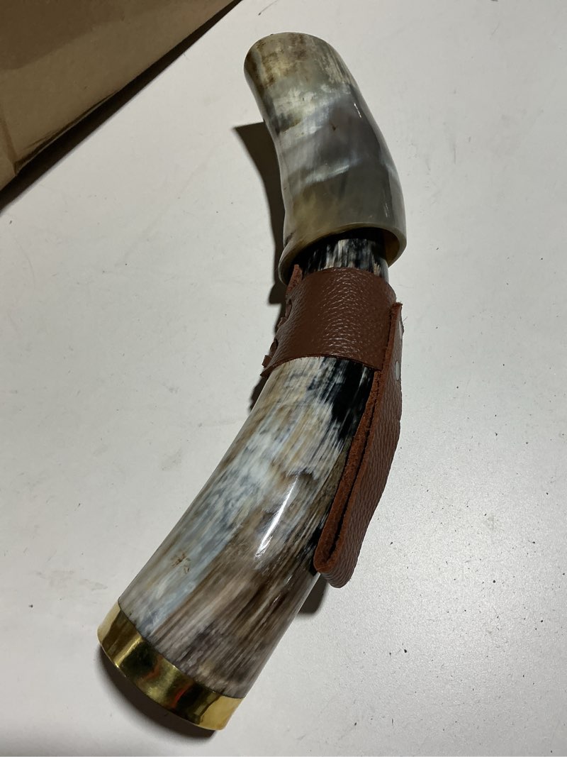 Condition photo showing Good Condition for FENRIR Viking Drinking Horn With Stand 16 oz – Gifts for Men, Dad, Husband – Natural Ox Horn Cup with Thor Bottle Opener & Leather Holster – For Beer, Ale, Mead (PLAIN NATURAL POLISHED) (4 pieces set)