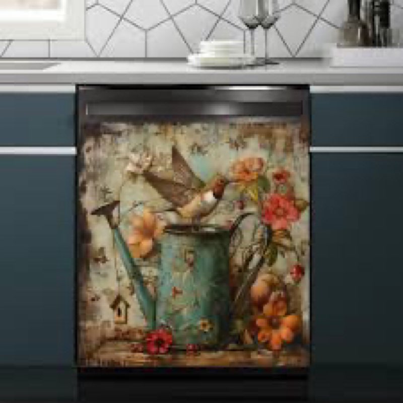 Floral Watering Can Birds Spring Dishwasher Magnet Cover,23" x 26" Dishwasher Cover,Retro Country Bu
