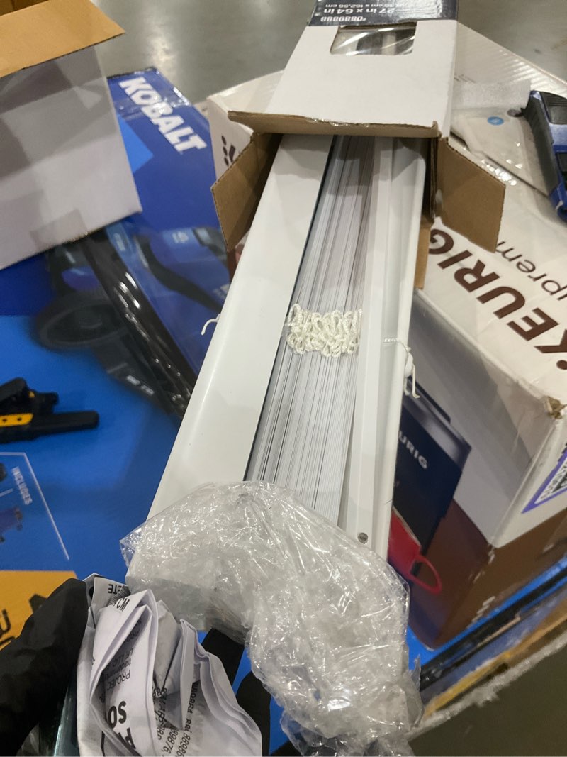 Condition photo showing As Is for project source room darkening 1-in slat width 27-in x 64-in cordless white vinyl room darkening mini-blinds