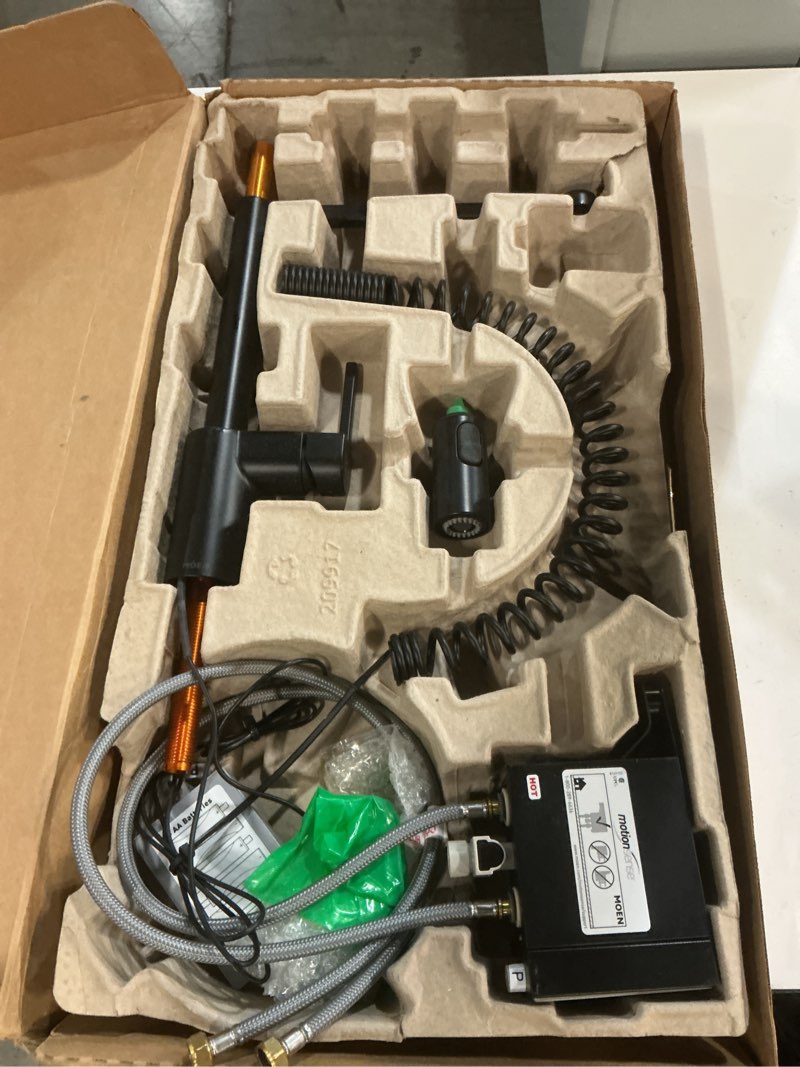 Condition photo showing As Is for moen align matte black motionsense wave sensor touchless one-handle high arc spring pre-rinse pulldown kitchen faucet with sprayer, kitchen sink faucet for bar, farmhouse, commercial, 5923ewbl matte black spring wave (missing parts)