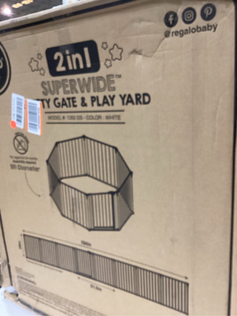 Condition photo showing New/Like New for Regalo SAFETY 194-Inch Super Wide Baby Gate & Play Yard, 2-in-1 Convertible Extra Wide Safety Barrier, Hardware Mounted for Toddlers & Pets, American Designed, American Owned, For Children 6-24 Months 50.5-192"W x 28"H White