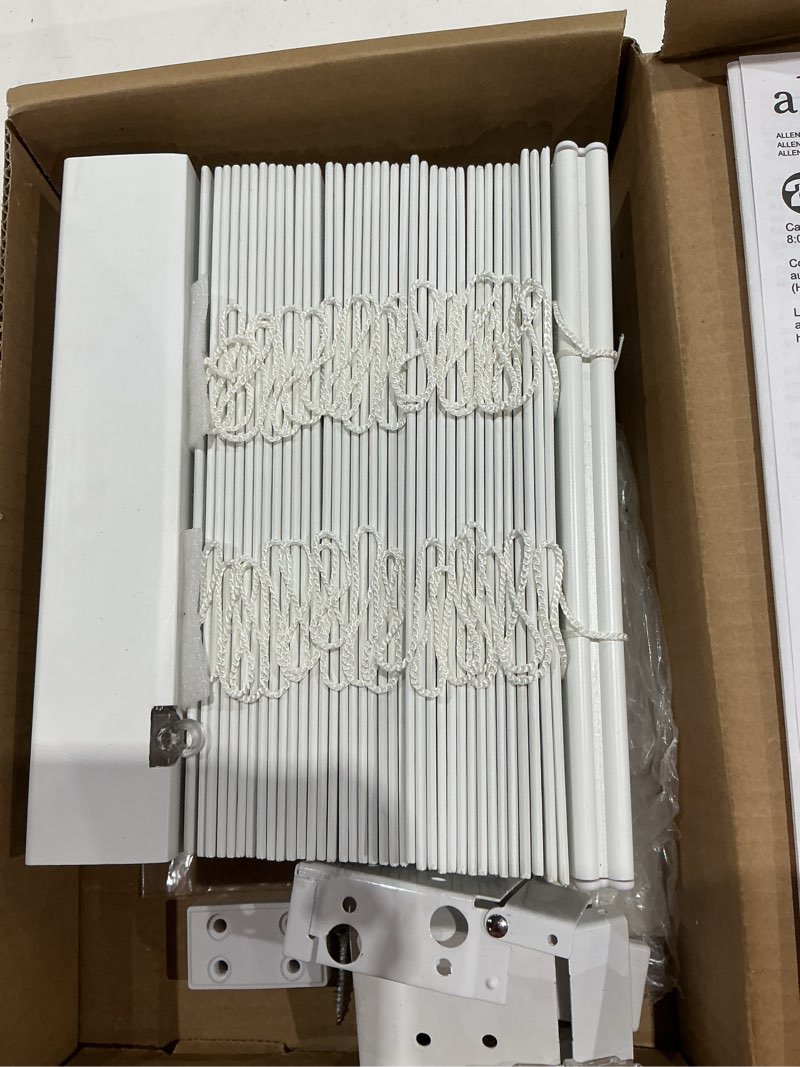 Condition photo showing As Is for allen + roth cordless faux wood 2-in slat width 9-in x 72-in cordless white faux wood room darkening faux wood blinds
