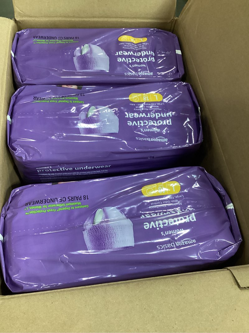 Condition photo showing New/Like New for amazon basics incontinence underwear for women, maximum absorbency, fresh protection, postpartum, disposable, odor protection, comfortable fit, large, lavender, 54 count (3 packs of 18) large 54.0