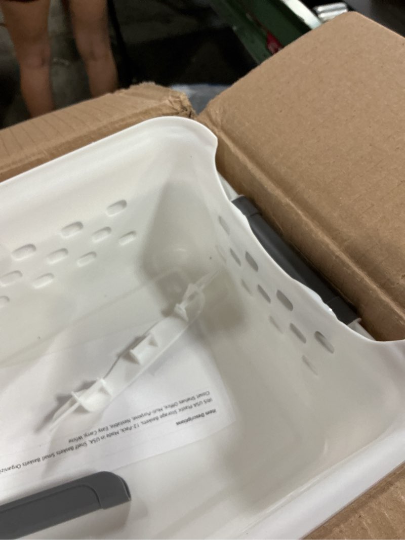 Condition photo showing As Is for iris usa plastic storage baskets, 12-pack, made in usa, shelf baskets small baskets organizing bins for pantry countertops closet shelves office, muti-purpose, nestable, easy carry, white white small - 12 pack