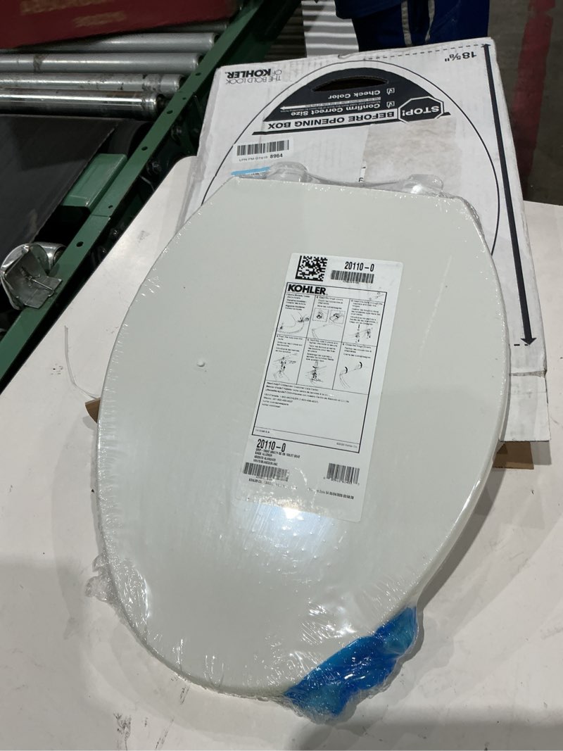 Condition photo showing As Is for kohler 20110-0 brevia, slow close toilet seat, elongated toilet seat, grip-tight bumpers quick-attach hardware, white white elongated quiet-close