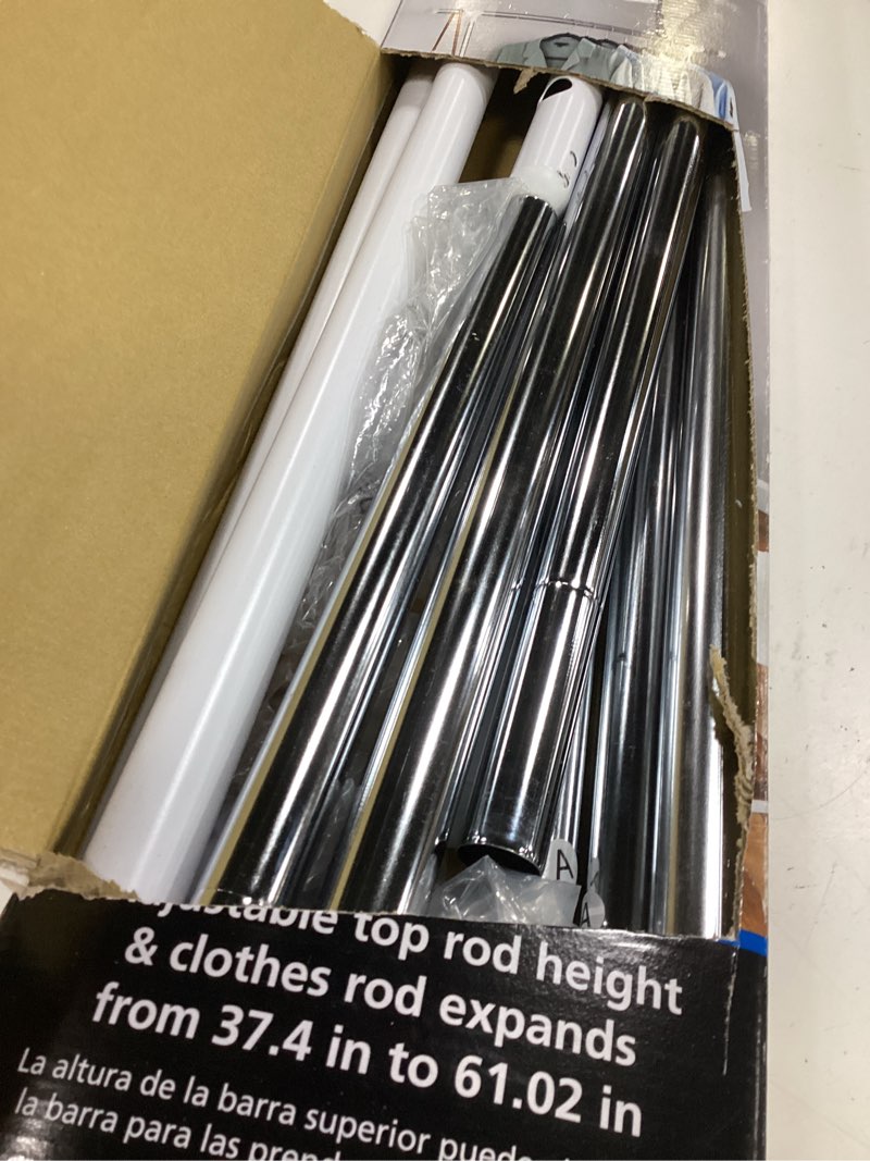 Condition photo showing As Is for mainstays 2-shelf garment drying clothes rack - adjustable height, locking wheels, metal, silver/white - closet organization