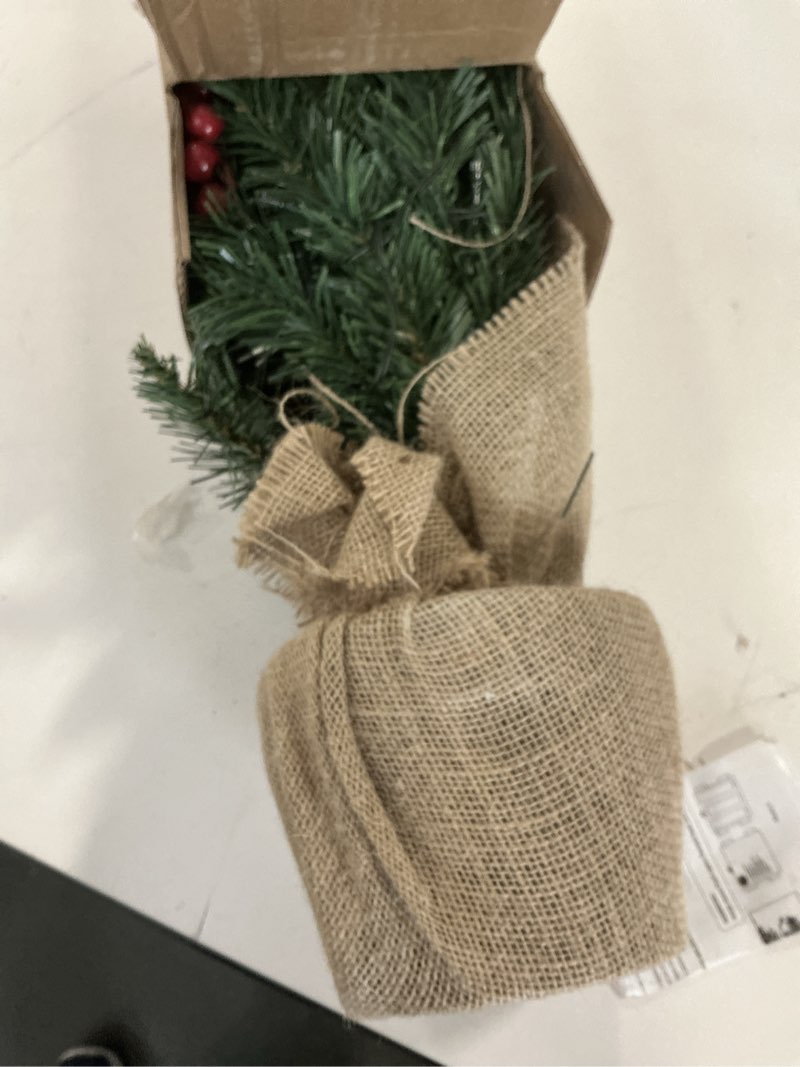 Condition photo showing New/Like New for 3ft Pre-lit Mini Christmas Tree,Artificial Pine 121 PVC Branches Tips with 11 Red Berries & 11 Pinecone & 70 LED String Lights & Burlap Wrapped Base Decor Xmas Tree for Tabletop,Battery Operated Green 3ft