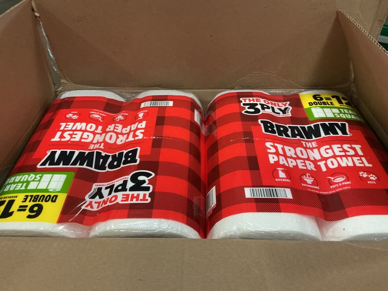 Condition photo showing New/Like New for Brawny Tear-A-Square 3-Ply Paper Towels, 6 Double Rolls = 12 Regular Rolls, Strong, Absorbent, and Durable with 3 Sheet Sizes (Quarter, Half, Full) 100 Sheets (Pack of 6 New)