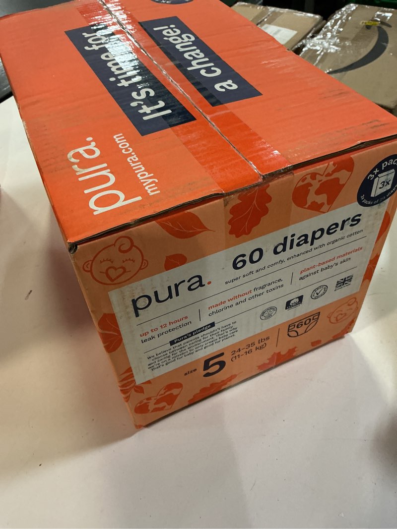 Condition photo showing New/Like New for Pura Size 5 Eco-Friendly Diapers (24-35 lbs) Totally Chlorine Free (TCF) Hypoallergenic, Soft Organic Cotton, up to 12 Hours Leak Protection, Allergy UK, 3 Packs of 20 (60 Diapers) Size 5 (60 Diapers)