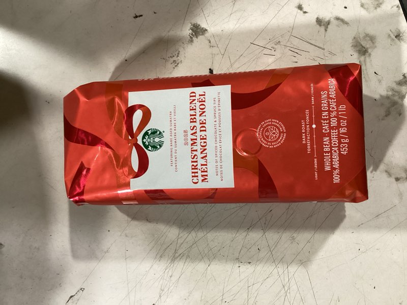 Condition photo showing New/Like New for starbucks christmas blend whole bean coffee 16oz, dark roast 100% arabica, rich spiced chocolate & spruce notes, limited holiday edition, bold, festive flavor from sumatra & latin america