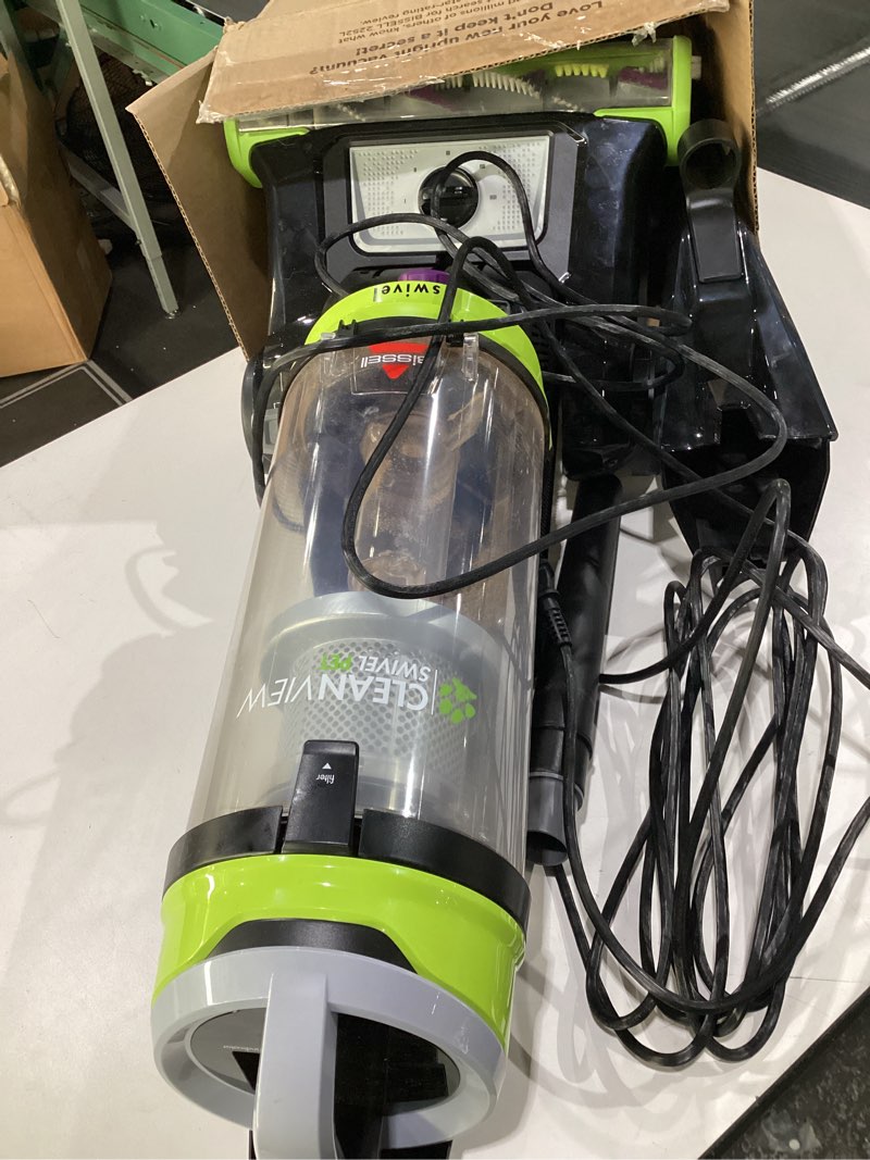 Condition photo showing As Is for (USED, NOT TESTED) Bissell 2252 CleanView Swivel Upright Bagless Vacuum with Swivel Steering, Powerful Pet Hair Pick Up, Specialized Pet Tools, Large Capacity Dirt Tank, Easy Empty Green