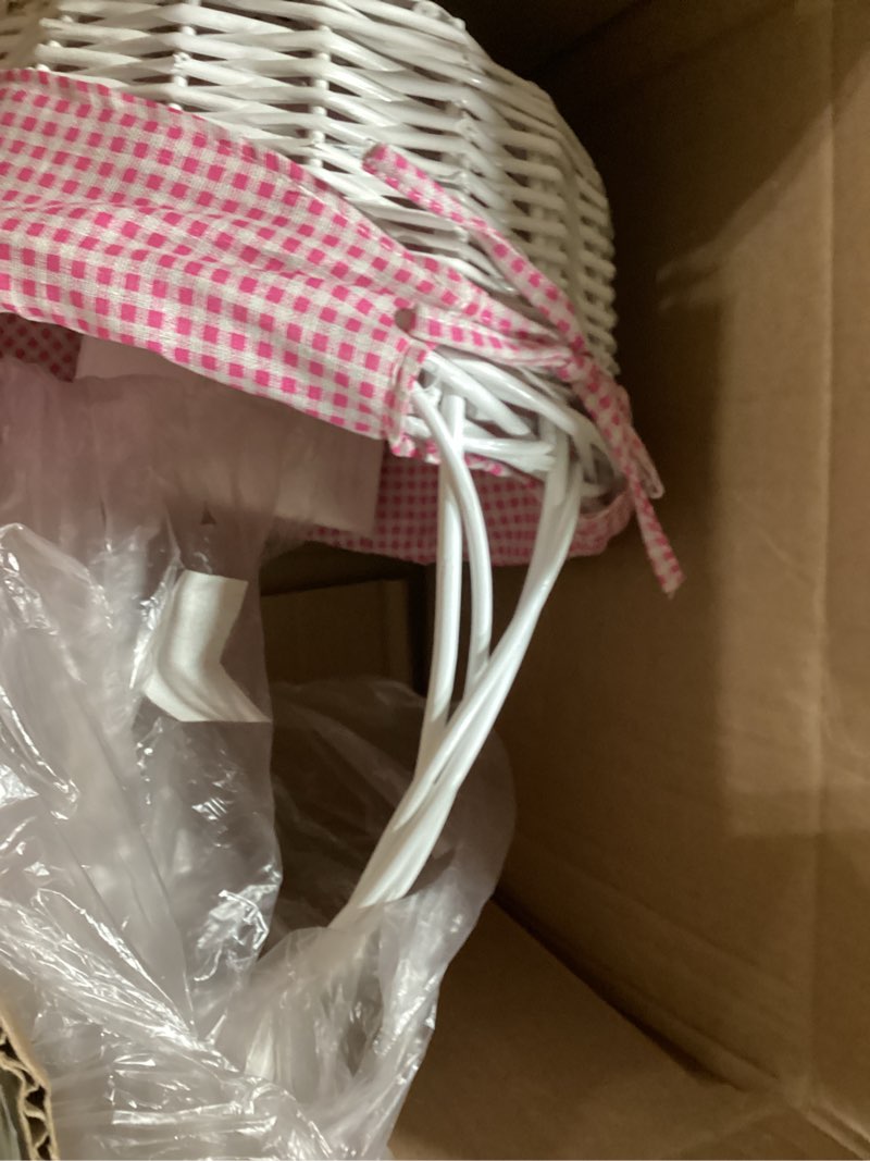 Condition photo showing Good Condition for white round willow gift basket with pink gingham liner & handle, mediun – empty christmas basket for gifts, holiday wicker basket, basket to fill pink pink medium