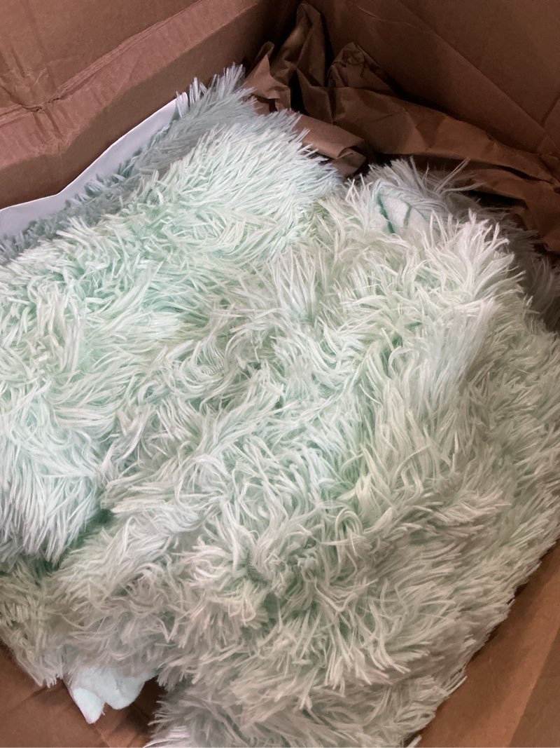 Condition photo showing As Is for ( incomplete ) fuzzy mint green comforter cover queen set, soft furry plush mint green bedding queen set 3 pieces (1 faux fur duvet cover + 2 fluffy pillow cases) shaggy bed set, zipper closure mint green queen