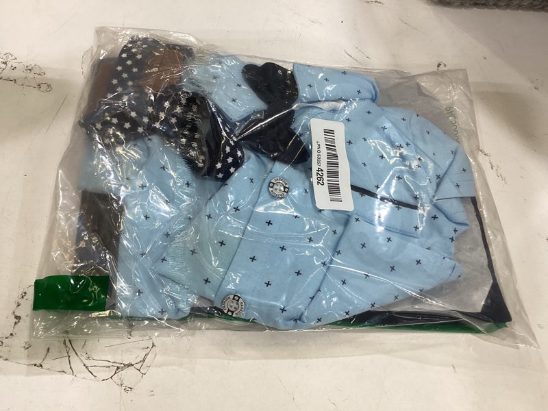 Condition photo showing New/Like New for yallet baby boy clothes suit newborn infant gentleman outfits, formal dress shirt+ bowtie+ suspender pants wedding party set short sleeve blue 3-6 months
