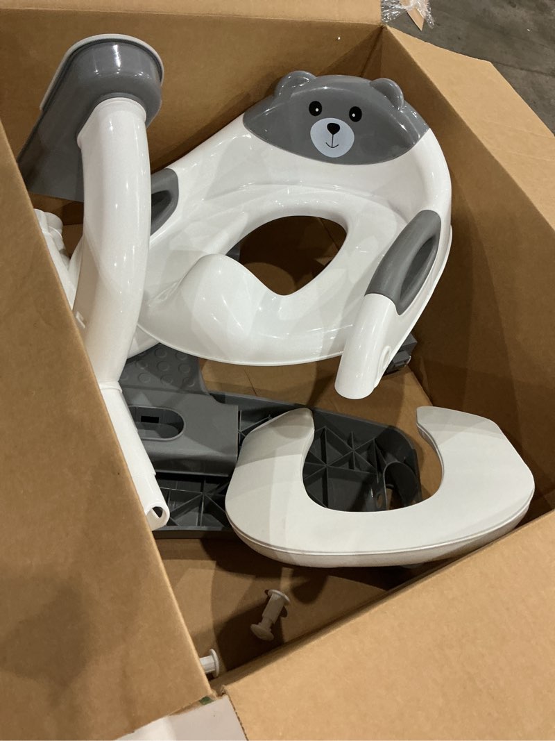 Condition photo showing Good Condition for potty training seat with step stool ladder, toddler toilet seat for boys girls, adjustable 6 heights fits round & elongated toilets, anti-slip pads & leak-proof guard 8899-grey