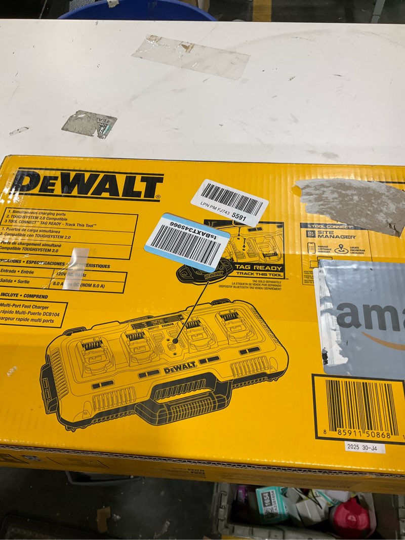 Condition photo showing As Is for DEWALT Battery Charger for 12V MAX, 20V MAX and FLEXVOLT 20V/60V MAX Batteries, 8 Amp, 4 Port Simultaneous Fast Charging Station (DCB104)
