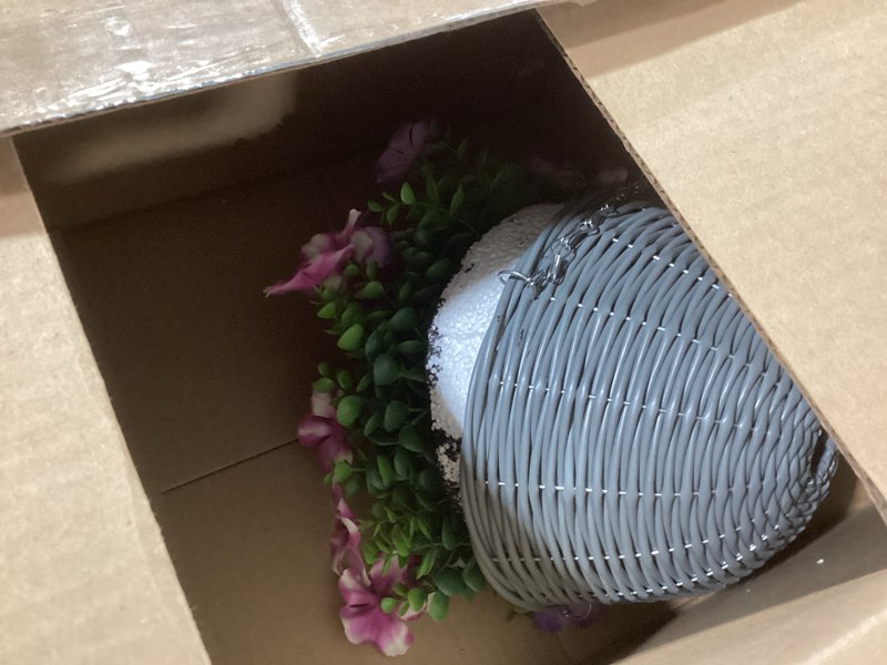 Condition photo showing Good Condition for kiho artificial hanging flower plant with basket for spring summer outdoor decoration, low-maintenence beautiful petunia flowers with eucalyptus leaves perfect for home (pink and purple)