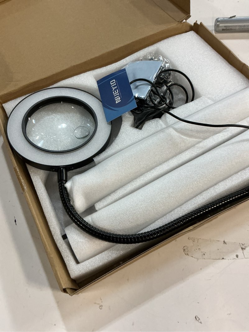 Condition photo showing Good Condition for 30x 12x magnifying glass with light and stand, 3-color stepless dimmable led magnifying floor lamp, 24" gooseneck adjustable swing arm lighted magnifier lamp with clamp for reading esthetican black 12x & 30x