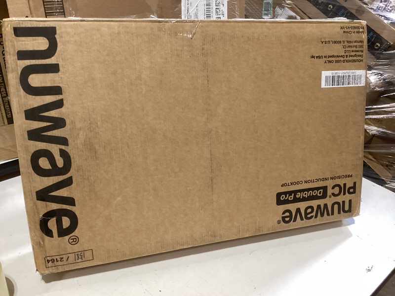 Condition photo showing New/Like New for nuwave double cooktop induction countertop burner, portable, 900 & 1800w, 100°f to 575°f, large 8” heating coil, 50 pre-programmed settings, shatter-proof ceramic glass, built-in safety auto shut off