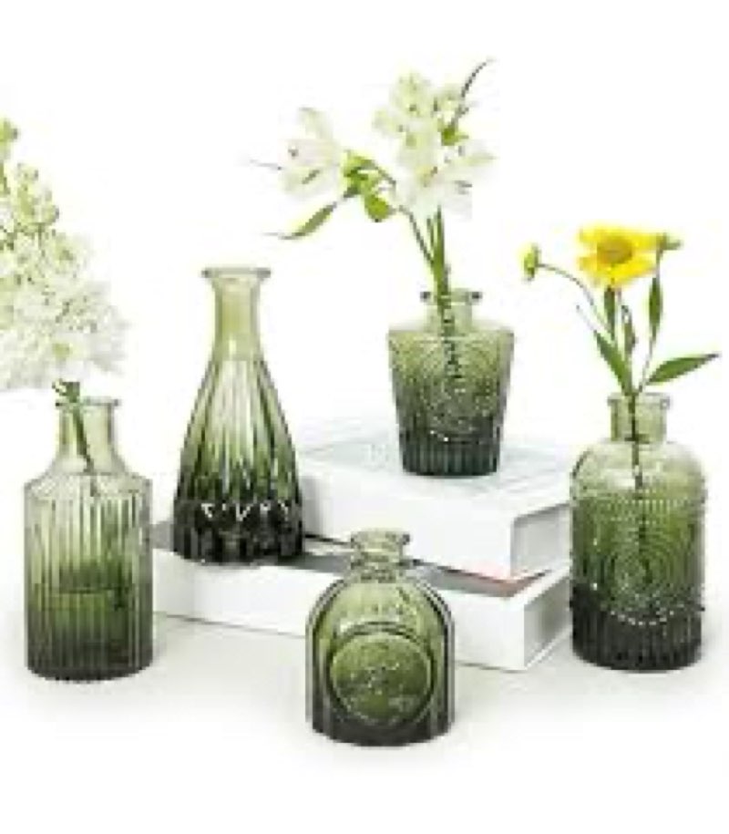 SUPMIND Glass Bud Vase Set of 5, Green Small Flower Vases for Centerpieces in Bulk, Mini Vintage Vas