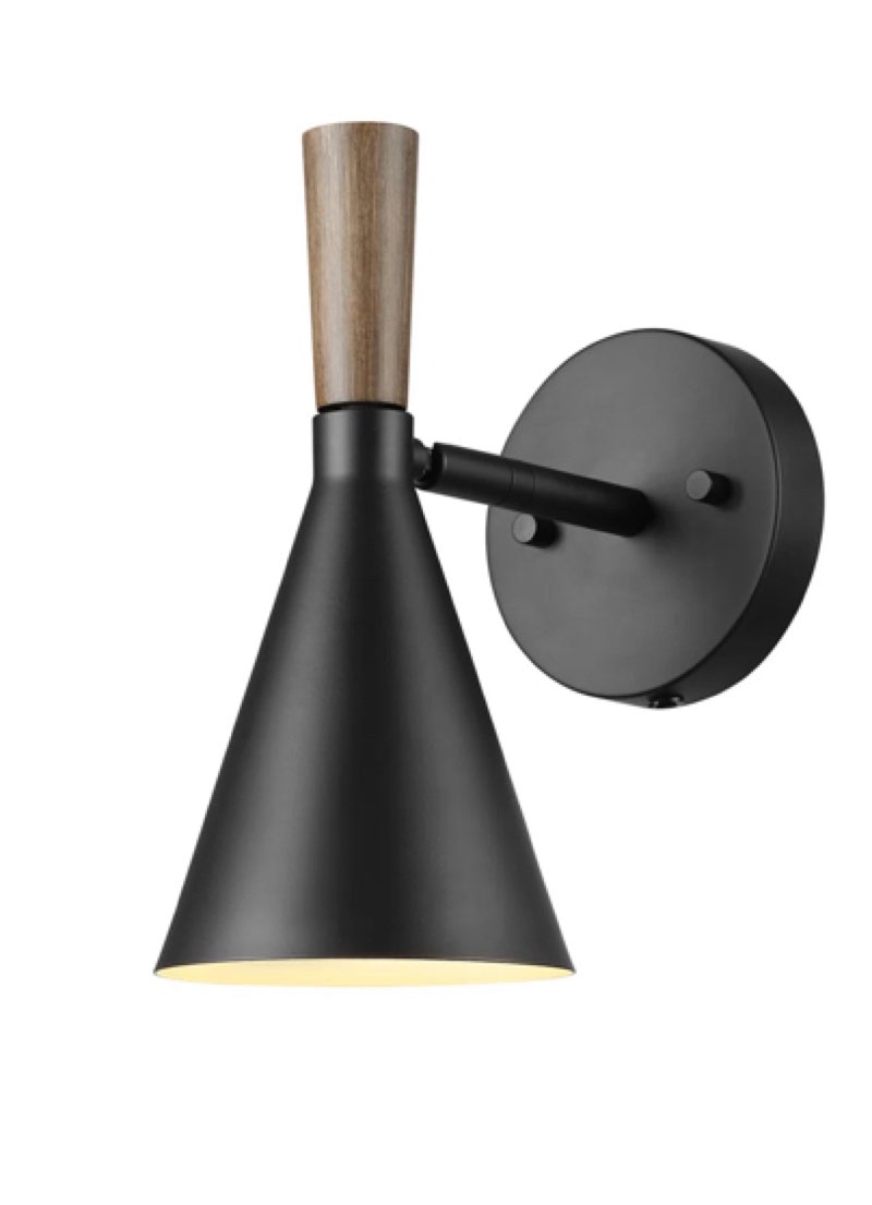 1-Light Black Plug-In Or Hardwire Wall Sconce With Wood-Toned On/Off Rotary Switch On Pivoting Shade
