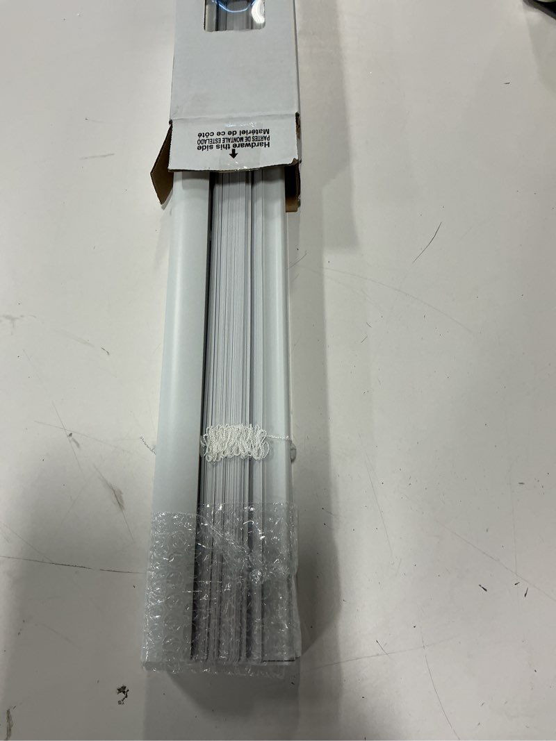 Condition photo showing As Is for Room Darkening 1-in Slat Width 27-in x 64-in Cordless White Vinyl Room Darkening Mini Blinds