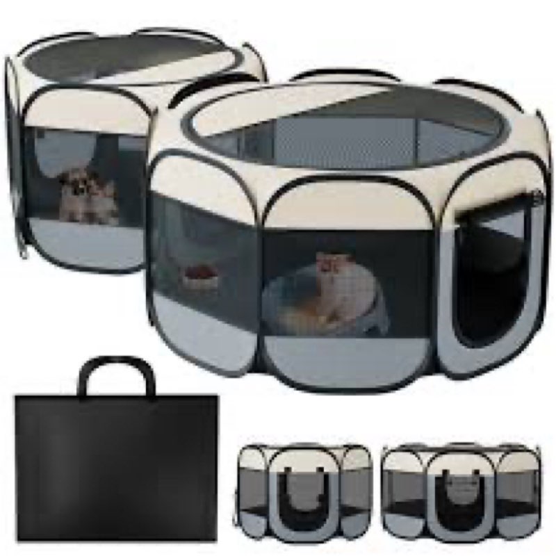 portable dog playpen for medium dogs, collapsible pet cat kitten puppy playpen indoors outdoors with zipper top cover (medium size, grey-black) grey-black m [35.5" x 35.5" x 23.1"]