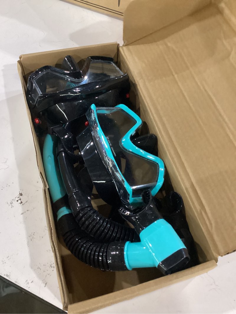 Condition photo showing Good Condition for aegend snorkeling gear for adult with travel mesh bag | snorkel mask, dry top snorkel, anti-fog, panoramic wide view, for snorkeling, swimming, scuba diving, beach vacation & travel black & light blue-2 pack