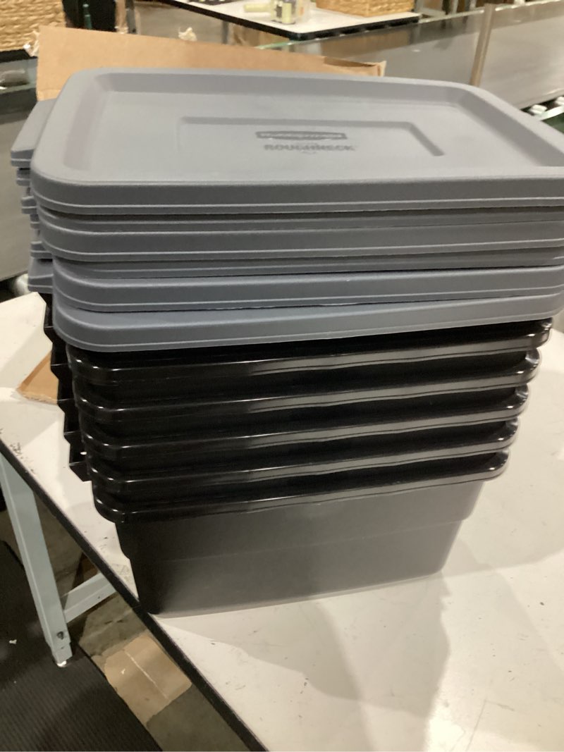 Condition photo showing Good Condition for rubbermaid 6-pack heavy duty durable 3 gal totes for storage with snap lids and handles, plastic storage bins stackable black gray for home and garage (3 gal - 6 pack solid black and grey)