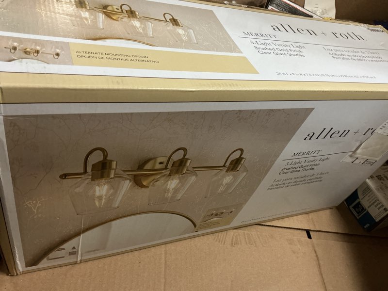 Condition photo showing As Is for (incomplete )allen + roth merritt 24-in 3-light brushed gold transitional vanity light