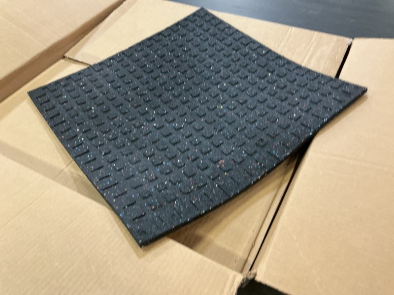 Condition photo showing As Is for goodhoily 2 pack heavy duty anti vibration pad 24" x 24"x0.6 inch rubber vibration pad -sound absorbing mat- for dryers, fitness equipmen,audio equipment(square) black 24"l x 24"w x 0.6"th 2