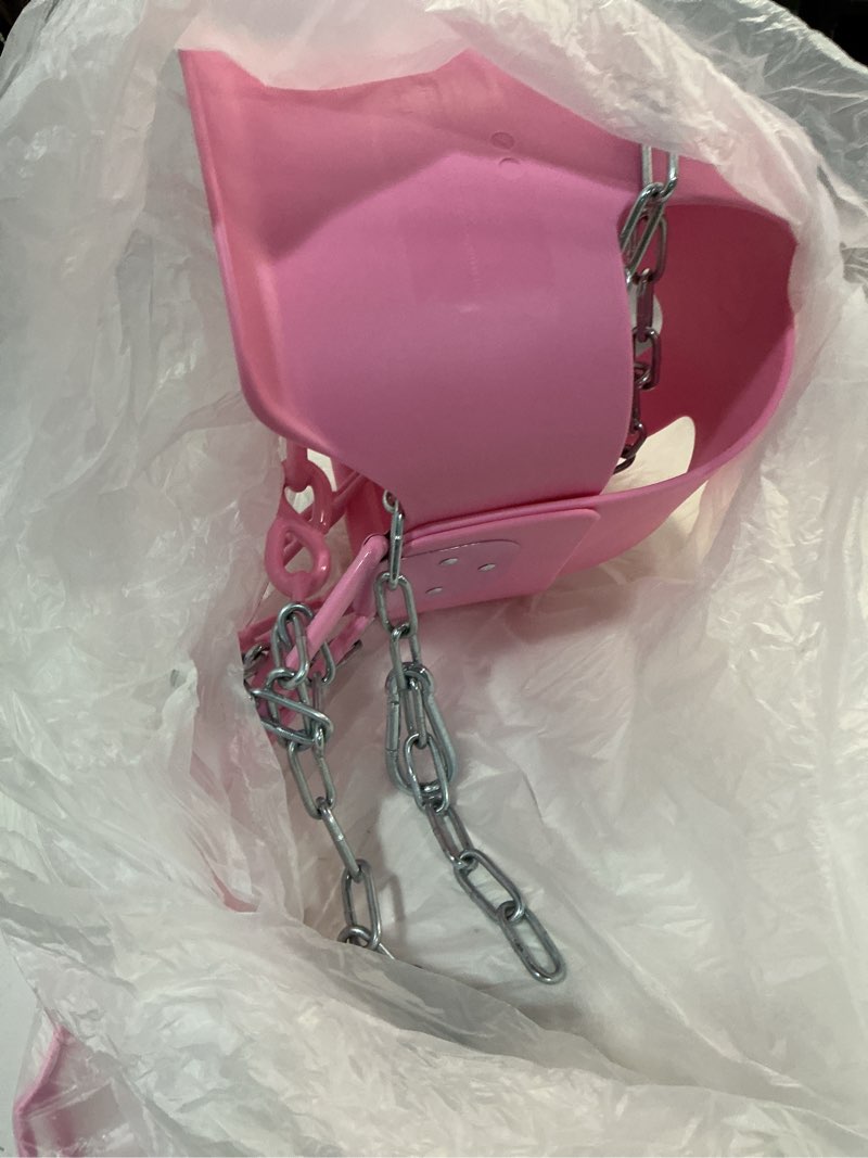 Condition photo showing As Is for premium high back full bucket toddler swing seat with finger grip, plastic coated chains and carabiners for easy install - pink - squirrel products