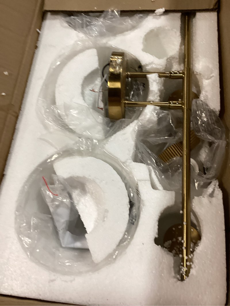 Condition photo showing As Is for WOSHITU Bathroom Vanity Light Fixtures: 3-Lights Mid Century Modern Vanity Lights for Bathroom Over Mirror, Brushed Gold Wall Sconce Lighting with Frosted Milky Glass Shade for Bath Living Room Gold 3-Light