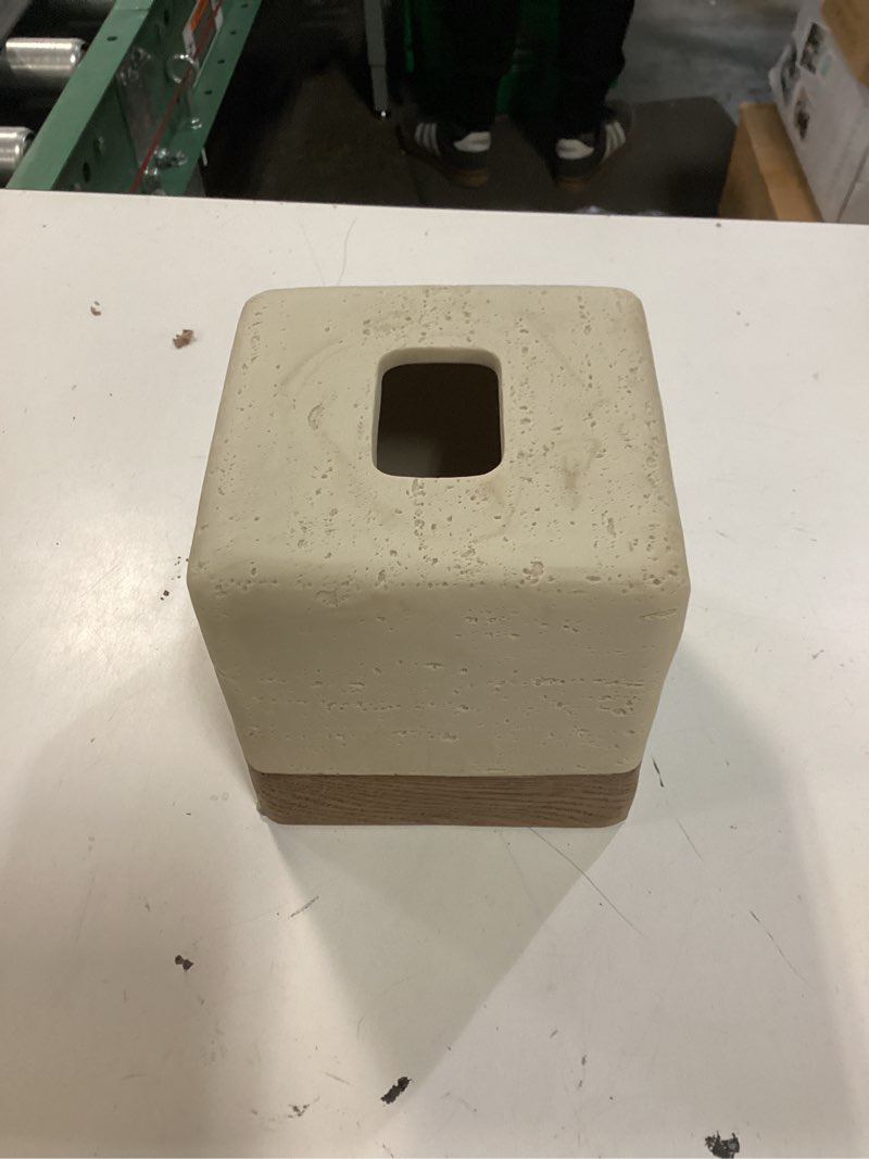 Condition photo showing New/Like New for natural travertine match wooden square tissue box cover decorative,resin heavy sturdy tissue box holder, facial paper holder for bathroom vanity countertop, bedroom night stand,office and end table a-travertine&wooden b-boho