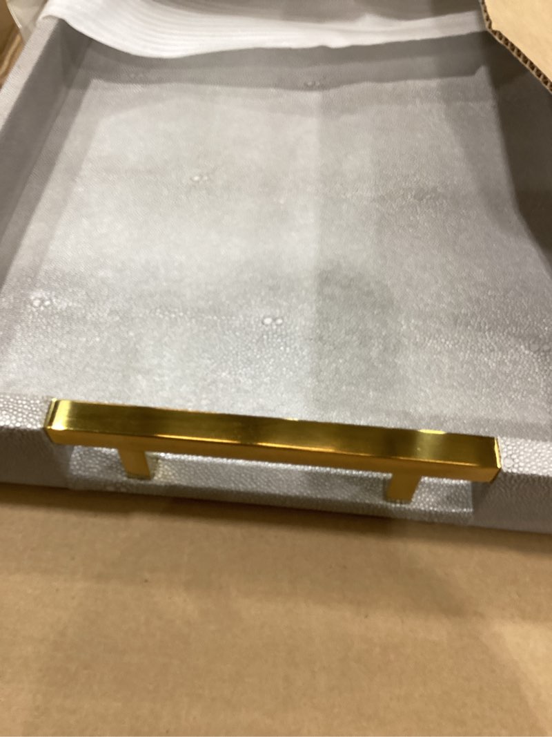 Condition photo showing Good Condition for Modern Elegant 17.5"x12" Rectangle Glossy Grey Shagreen Faux Leather Decorative Tray Ottoman Coffee Table Perfume Kitchen Display Perfume Serving Tray with Gold Polished Metal Handles.