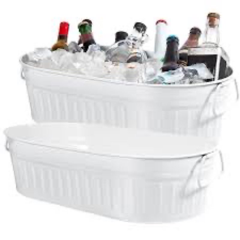 5.3 gallons Galvanized Beverage Tub Galvanized Bucket Metal Ice and Drink Bucket with Handles Tub for Parties Farmhouse Home Pool Bar(White,2 Pcs)