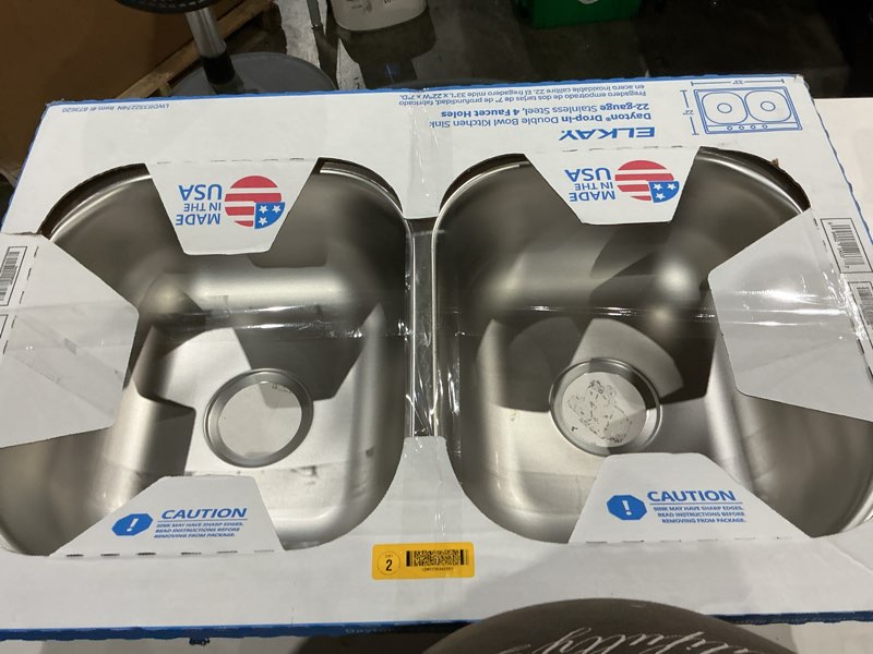 Condition photo showing As Is for elkay dayton drop-in 33-in x 22-in stainless steel double equal bowl 4-hole kitchen sink