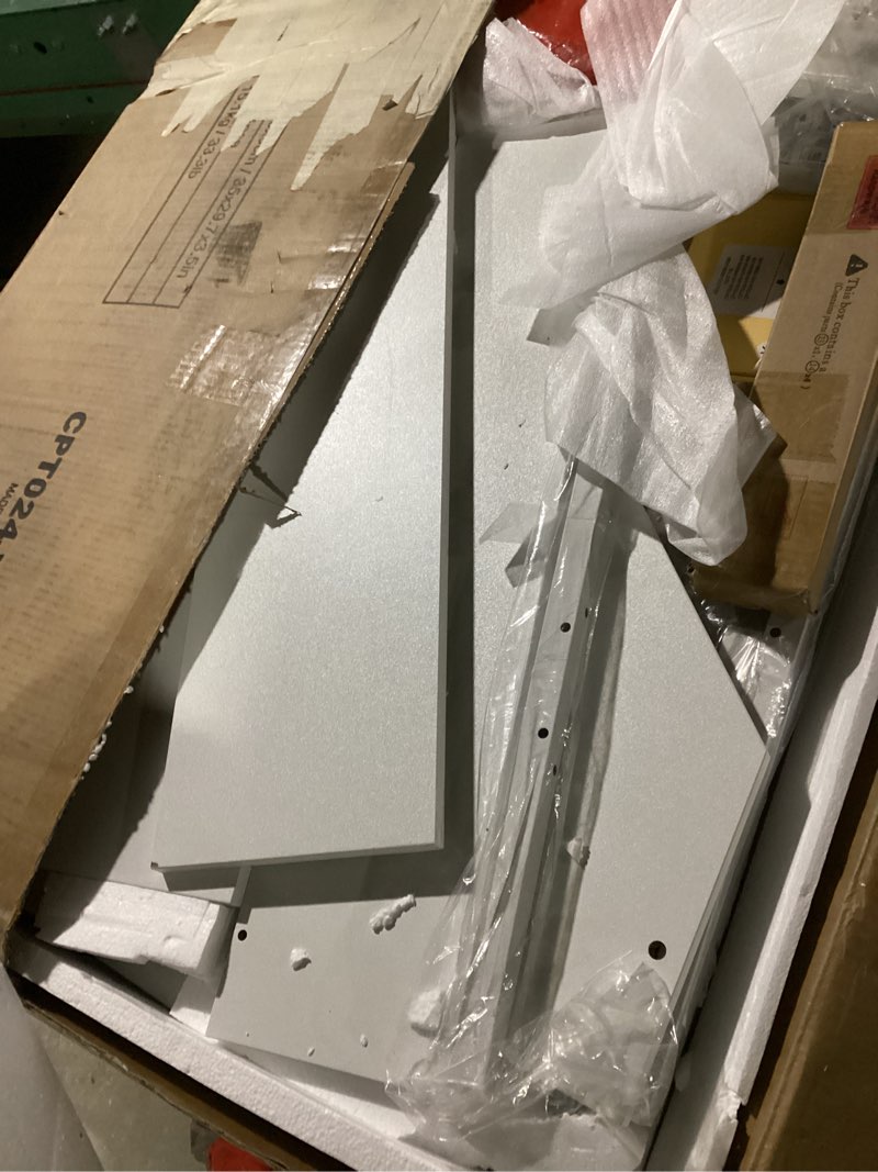 Condition photo showing As Is for rolanstar corner desk, 44.5" w x 34.5" h small computer desk with power outlets, gaming desks with led lights, triangle corner table with keyboard tray & monitor stand for small space, white