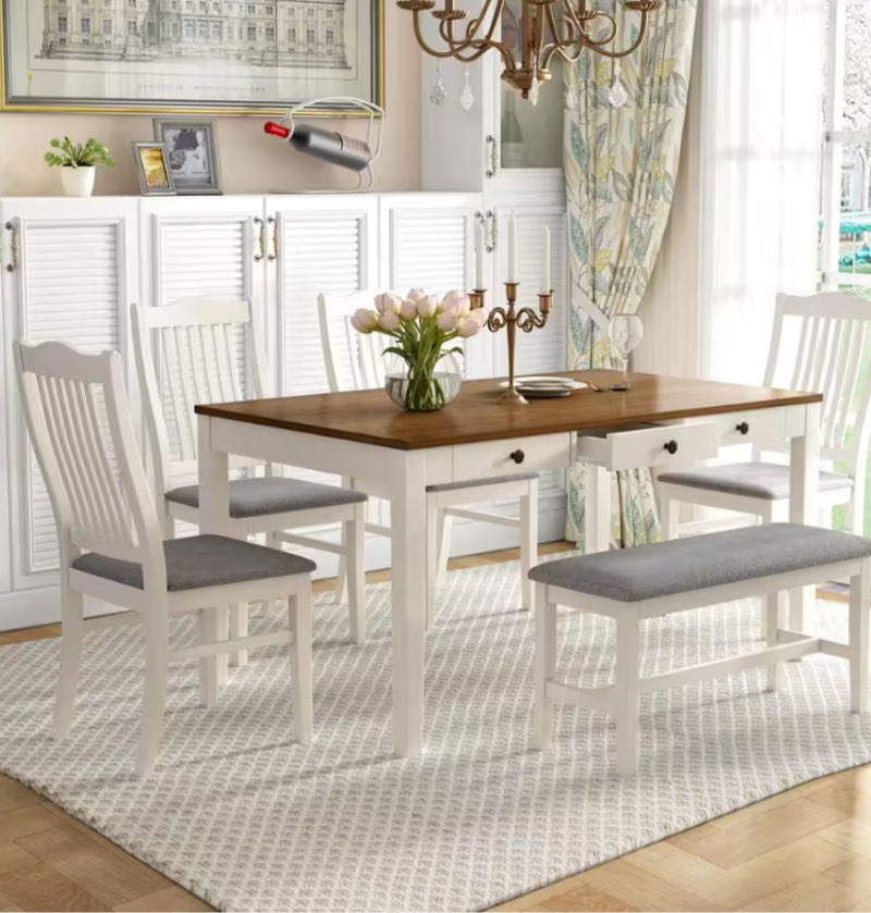 Product incomplete, Mid-Century 6-piece Buttermilk Rectangle MDF Top Dining Table Set Seats 6 with Storage Drawer
