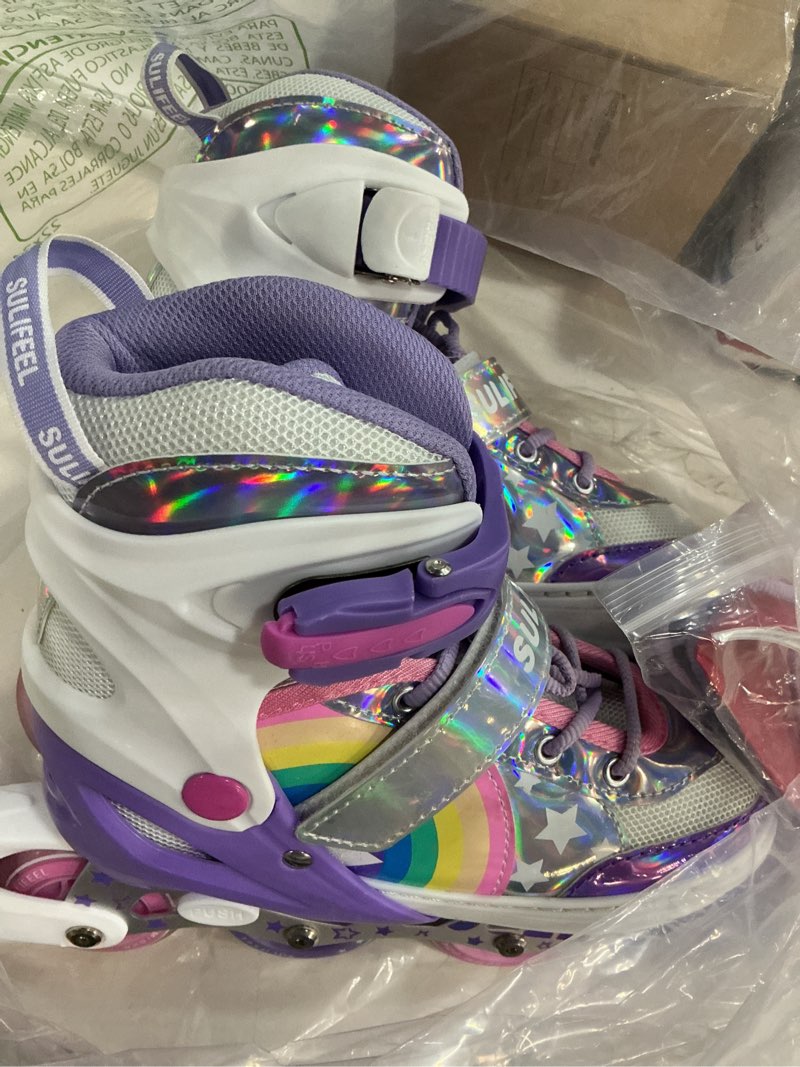 Condition photo showing Good Condition for sulifeel rainbow unicorn inline skates for girls boys 4 size adjustable light up wheels skates for kids beginner b purple medium - big kid