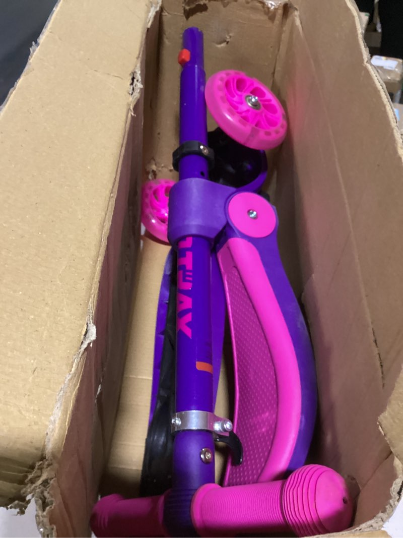 Condition photo showing As Is for gotrax ks3 kids kick scooter, led lighted wheels, adjustable height handlebars and removable seat, lean-to-steer & widen anti-slip deck, 3 wheel scooter for kids ages 2-8 and up to 110 lbs purple with seat