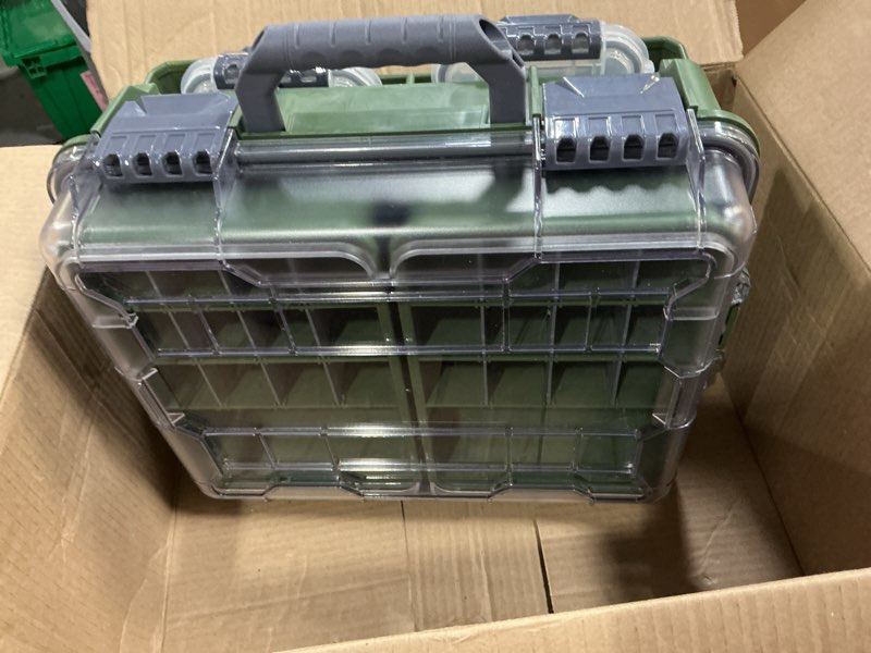 Condition photo showing Good Condition for runcl universal fishing tackle box with two small tackle tray, removal inside design waterproof trunk storage box, thicker floating airtight stowaway, xmas surprise fishing gifts for men women green